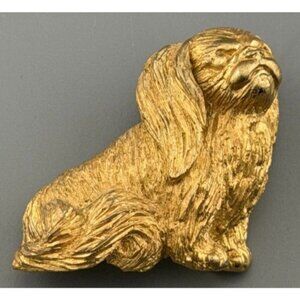 Vintage Trifari Gold Tone Pekingese Dog Brooch Figural Signed 2”